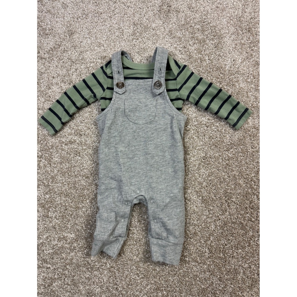 Cat & Jack Baby Boy 0-3M Green Striped Bodysuit and Gray Overalls Set